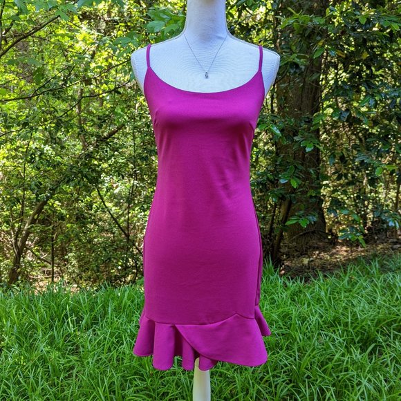 AQUA Ruffle Hem Party Mini Dress in Fuchsia Size Small Sleeveless Lined - Picture 2 of 7